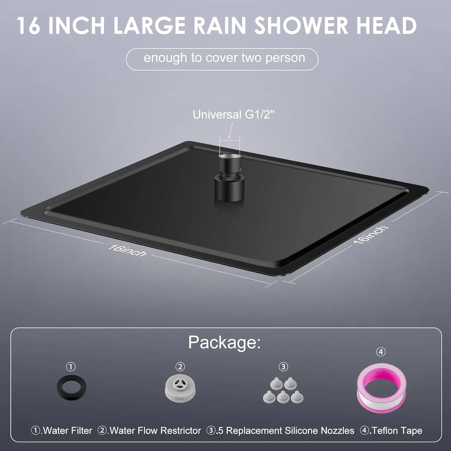 16 inch Matte Black Large Rain Shower Head - All Metal 304 Stainless Steel, Full Body Rainfall Shower with 324 Silicone Nozzles - Waterfall Bathroom Square Showerheads, Ceiling Mounted