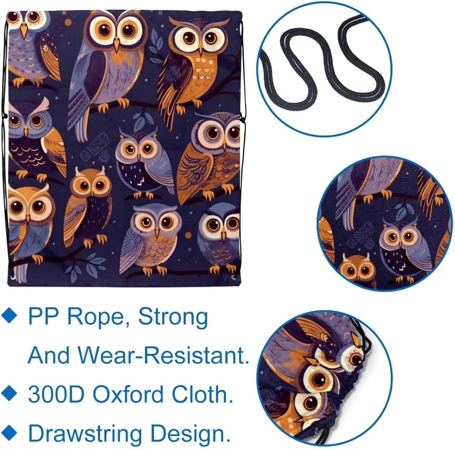 2 Pcs Cute Owls Drawstring Backpack Sports Gym Sack pack String Bag for Women Men