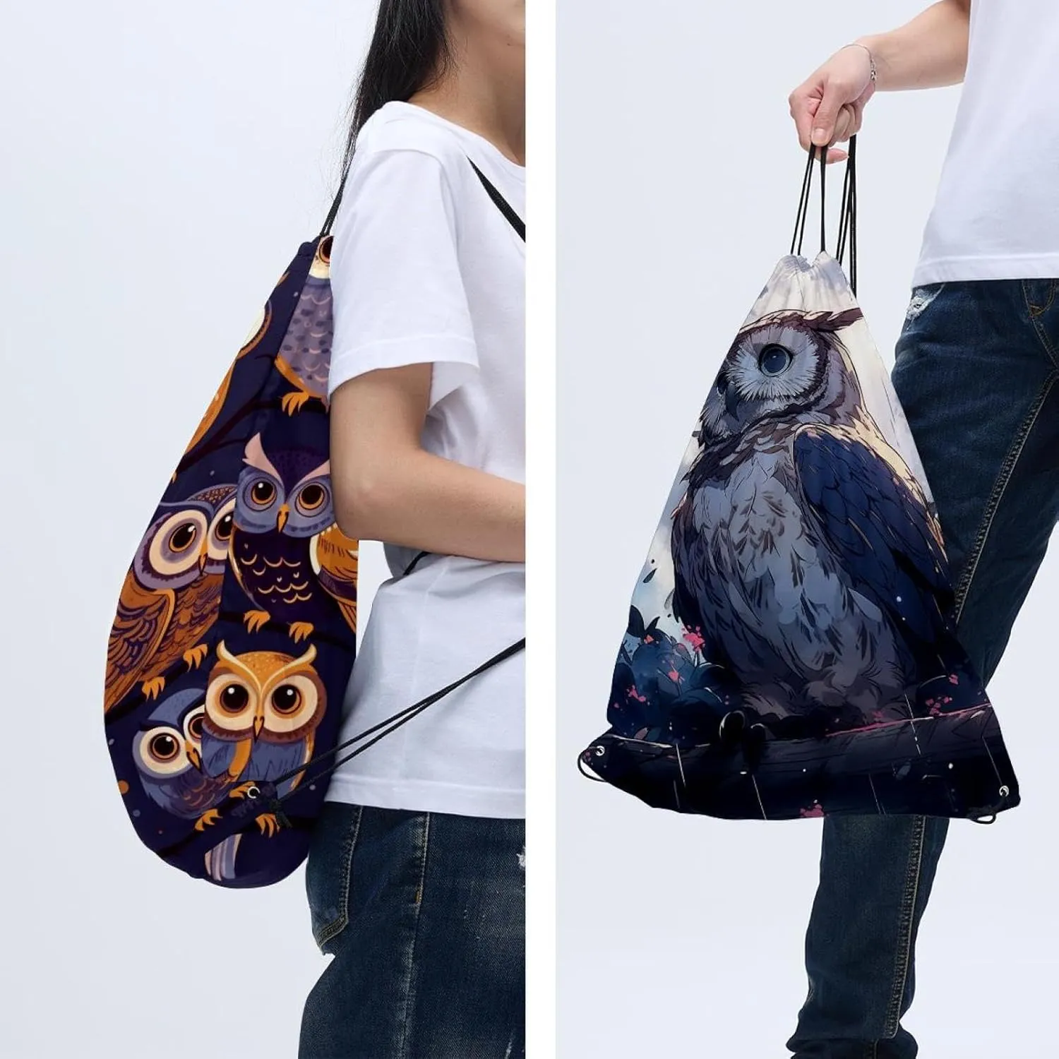 2 Pcs Cute Owls Drawstring Backpack Sports Gym Sack pack String Bag for Women Men