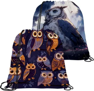 2 Pcs Cute Owls Drawstring Backpack Sports Gym Sack pack String Bag for Women Men