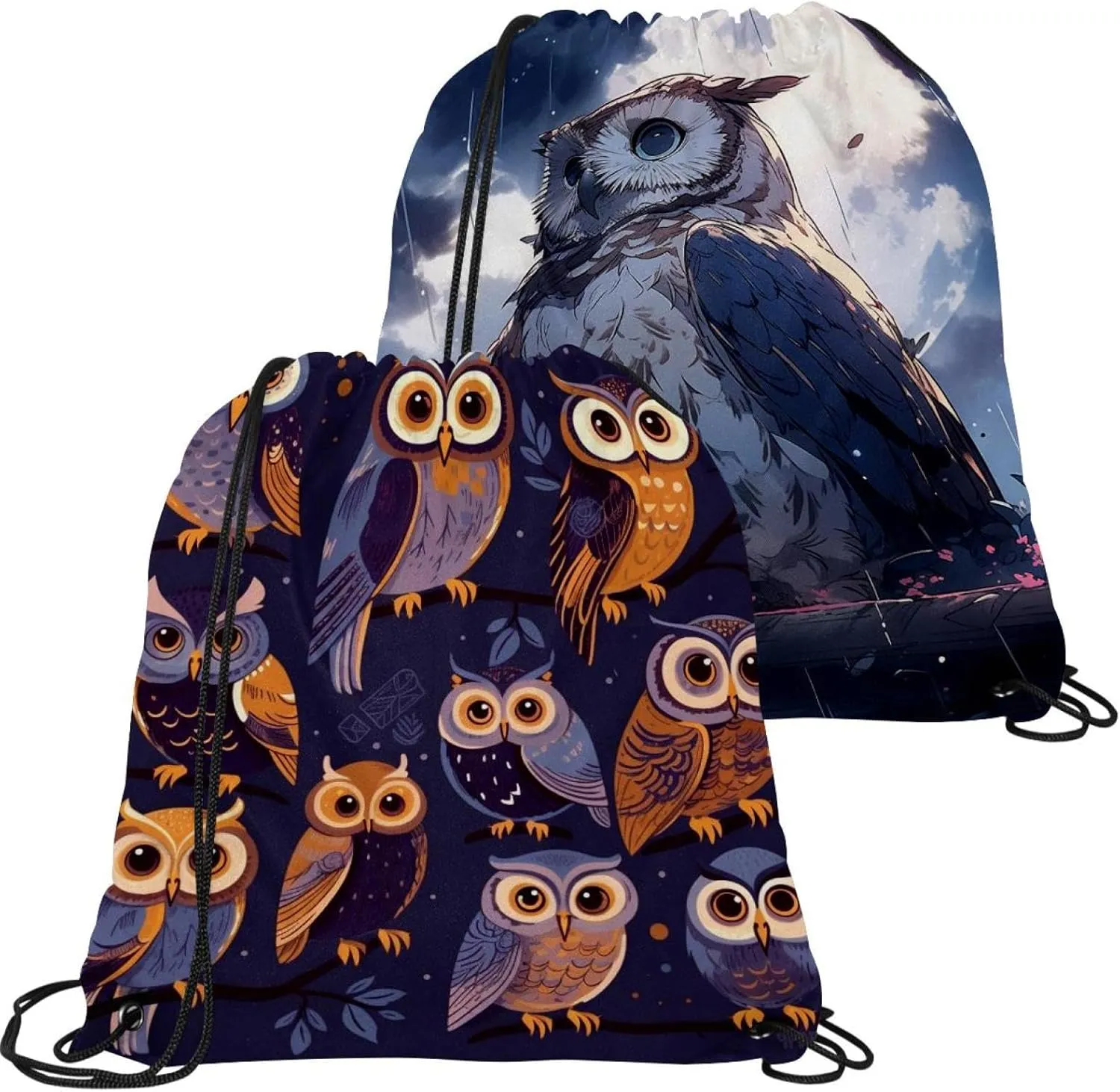 2 Pcs Cute Owls Drawstring Backpack Sports Gym Sack pack String Bag for Women Men