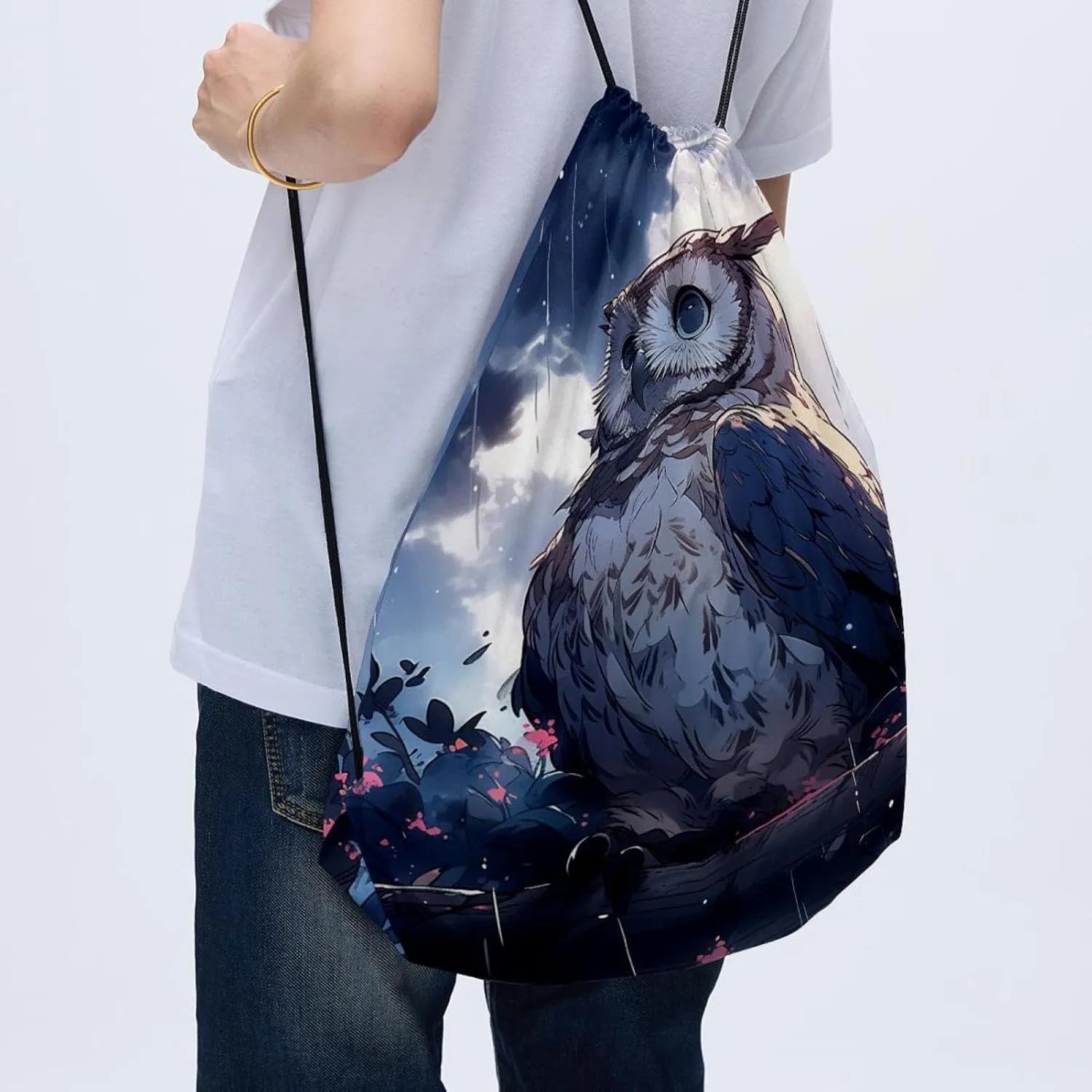 2 Pcs Cute Owls Drawstring Backpack Sports Gym Sack pack String Bag for Women Men