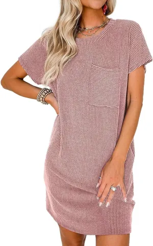 Acelitt Womens Casual Summer Crewneck Short Sleeve Ribbed Mini Tshirt Dress, XS-3XL