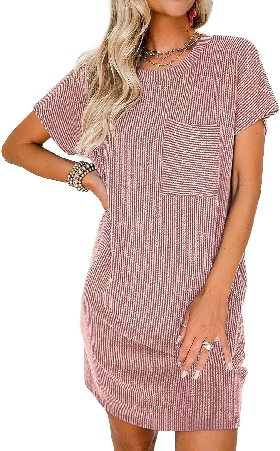 Acelitt Womens Casual Summer Crewneck Short Sleeve Ribbed Mini Tshirt Dress, XS-3XL