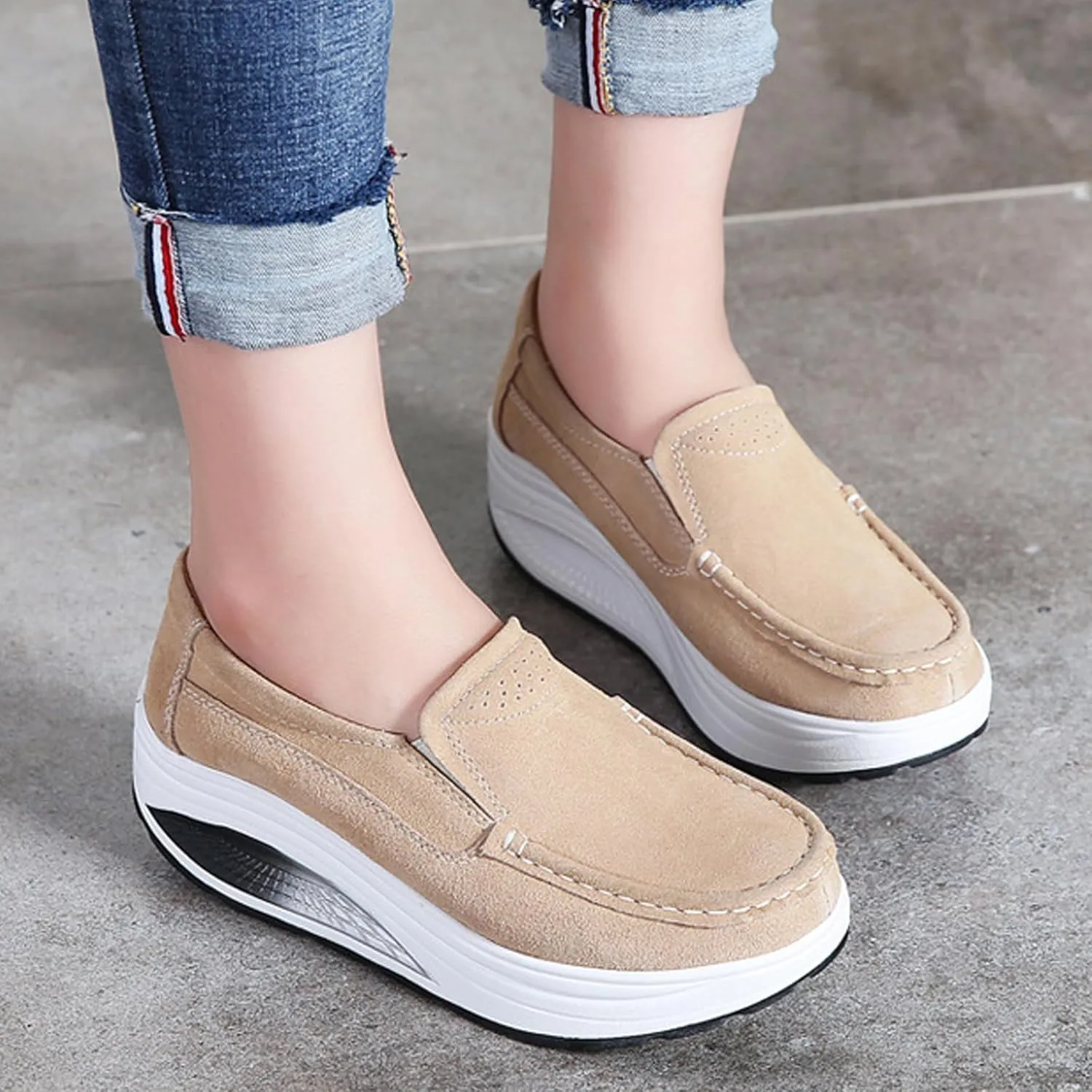 Aceptolcom Women's Red Suede Platform Wedge Loafers, Casual Comfort Good Arch Support Slip On Shoes, Size 4.5-9.5