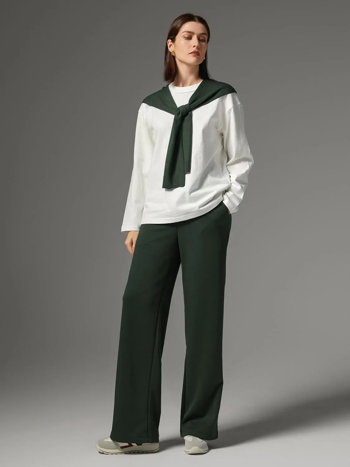 AFITNE Womens Wide Leg Work Pants High Waist Pull On Dress Pants Elastic Waistband Casual Slacks with Thick Fabric