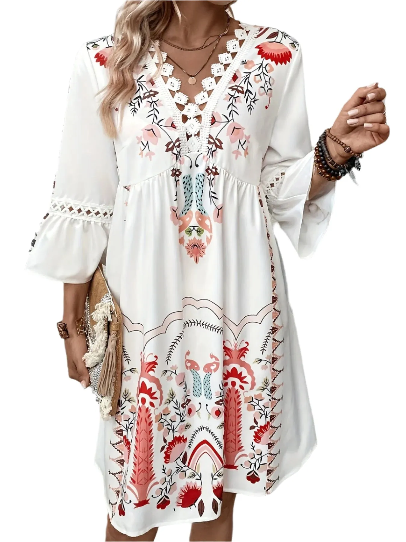 Alma Ethnic Maxi Dress with V-Neck - Boho Style for Women