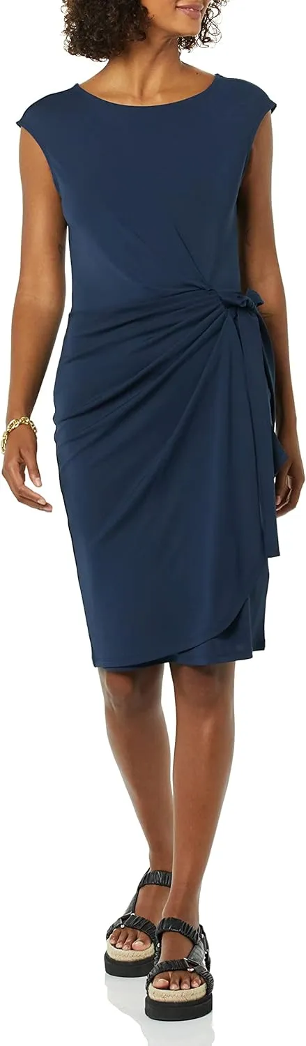 Amazon Essentials Women's Cap Sleeve Boat-Neck Faux Wrap Dress