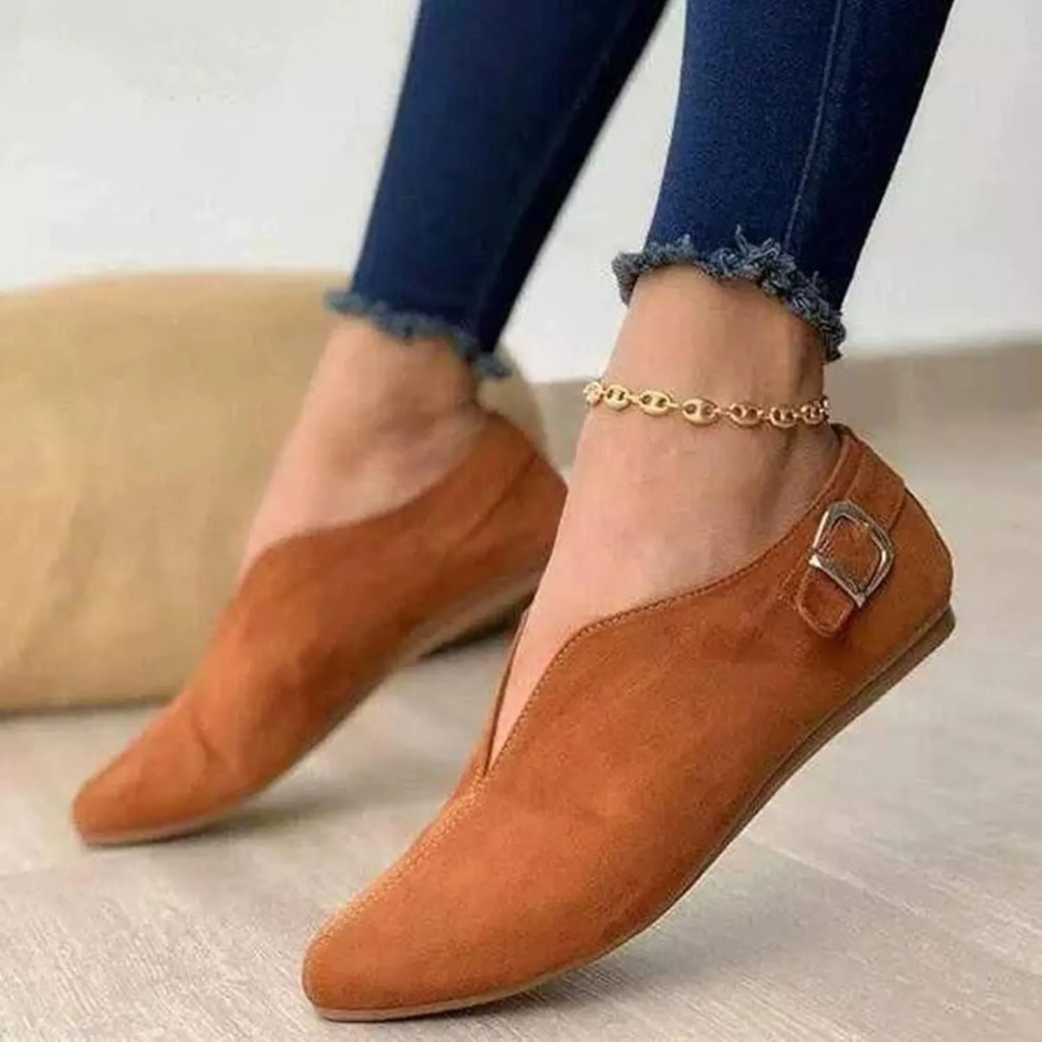 AMDBEL Flats Shoes Women Dressy Comfortable Women Pointed Toe Single Shoes Suede Flock Casual Buckle Strap Loafers Shoes