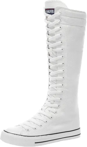 ANUFER Women Fashion Canvas Dance Boots Knee High Bicycling Boots Girls Fancy School Shoes White 905 US5.5