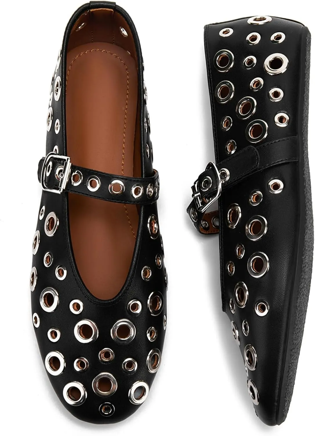Ballet Flats for Women with Metal Hole Sparkling Buckle Strap Perforated Mary Jane Flat Women’s Eyelet Round Toe Ballerina Shoes Low Heel Casual Dress Flats
