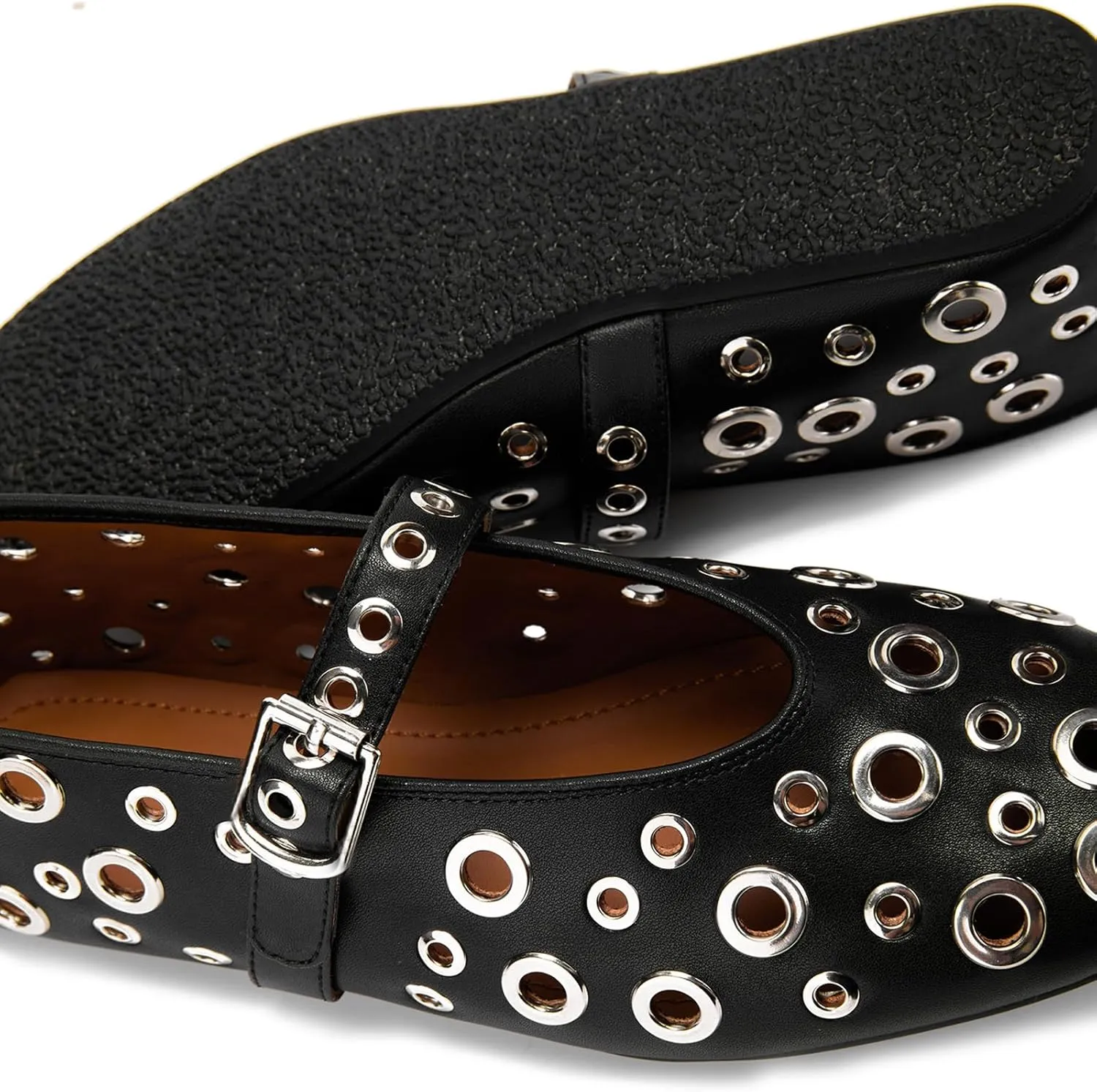 Ballet Flats for Women with Metal Hole Sparkling Buckle Strap Perforated Mary Jane Flat Women’s Eyelet Round Toe Ballerina Shoes Low Heel Casual Dress Flats