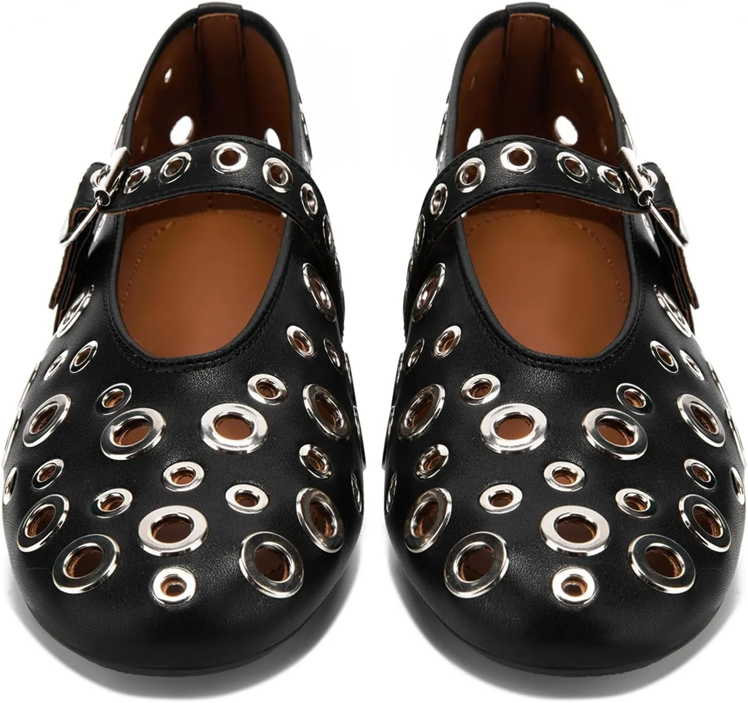 Ballet Flats for Women with Metal Hole Sparkling Buckle Strap Perforated Mary Jane Flat Women’s Eyelet Round Toe Ballerina Shoes Low Heel Casual Dress Flats
