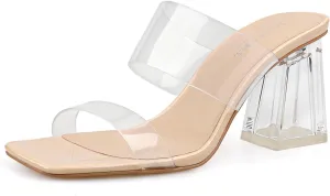 BCTEX COLL Women's Clear Heeled Sandals Transparent Two Strap Square Toe Slip On Chunky Block Heels Dress Shoes, Beige, Black, Nude, Rose Gold