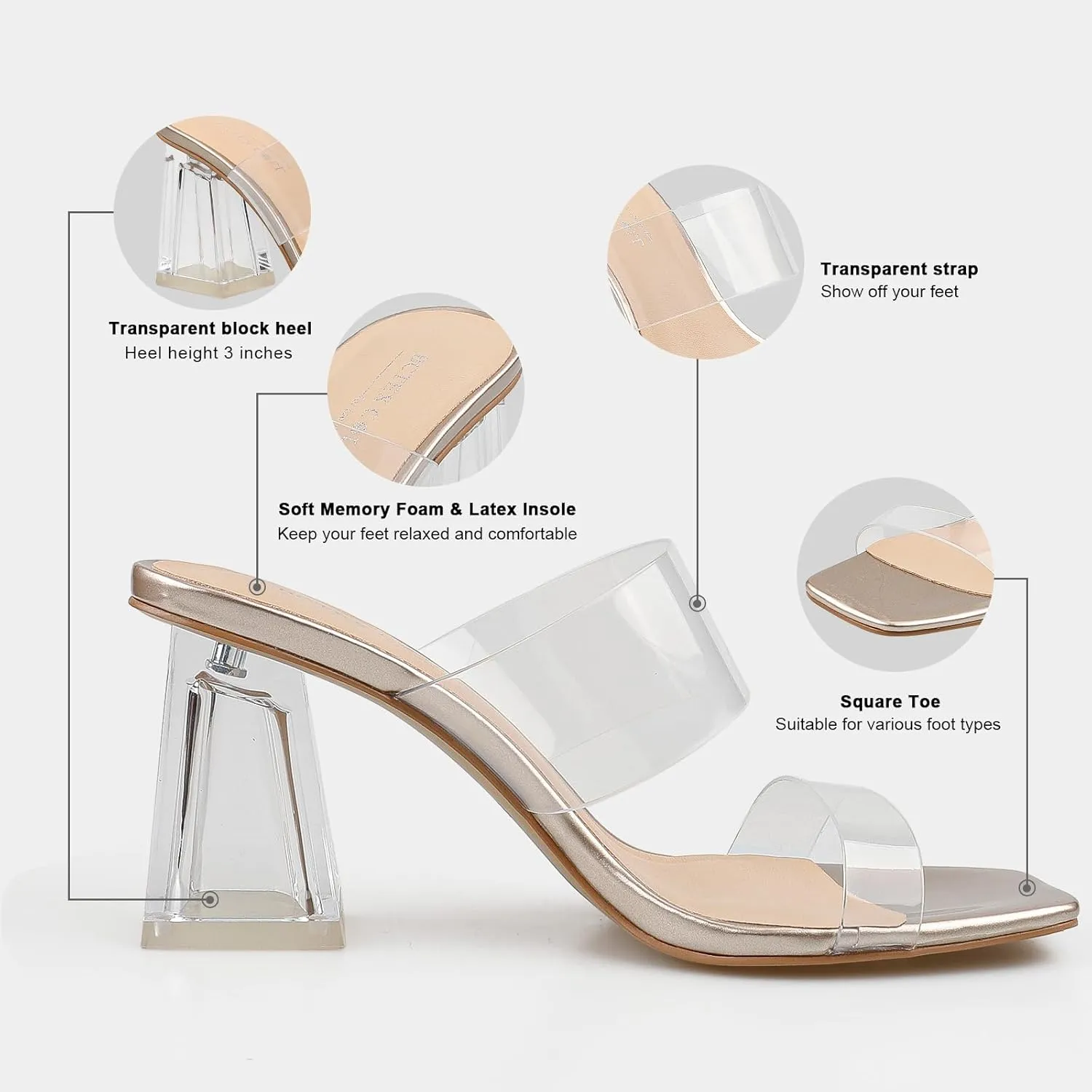 BCTEX COLL Women's Clear Heeled Sandals Transparent Two Strap Square Toe Slip On Chunky Block Heels Dress Shoes, Beige, Black, Nude, Rose Gold
