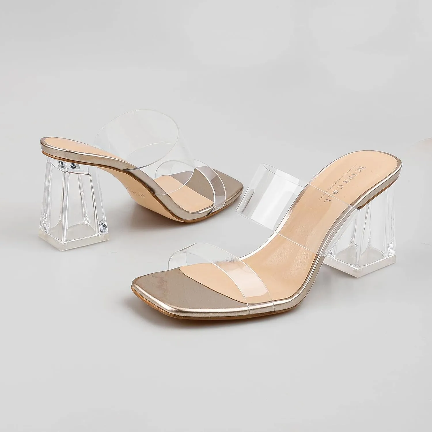 BCTEX COLL Women's Clear Heeled Sandals Transparent Two Strap Square Toe Slip On Chunky Block Heels Dress Shoes, Beige, Black, Nude, Rose Gold