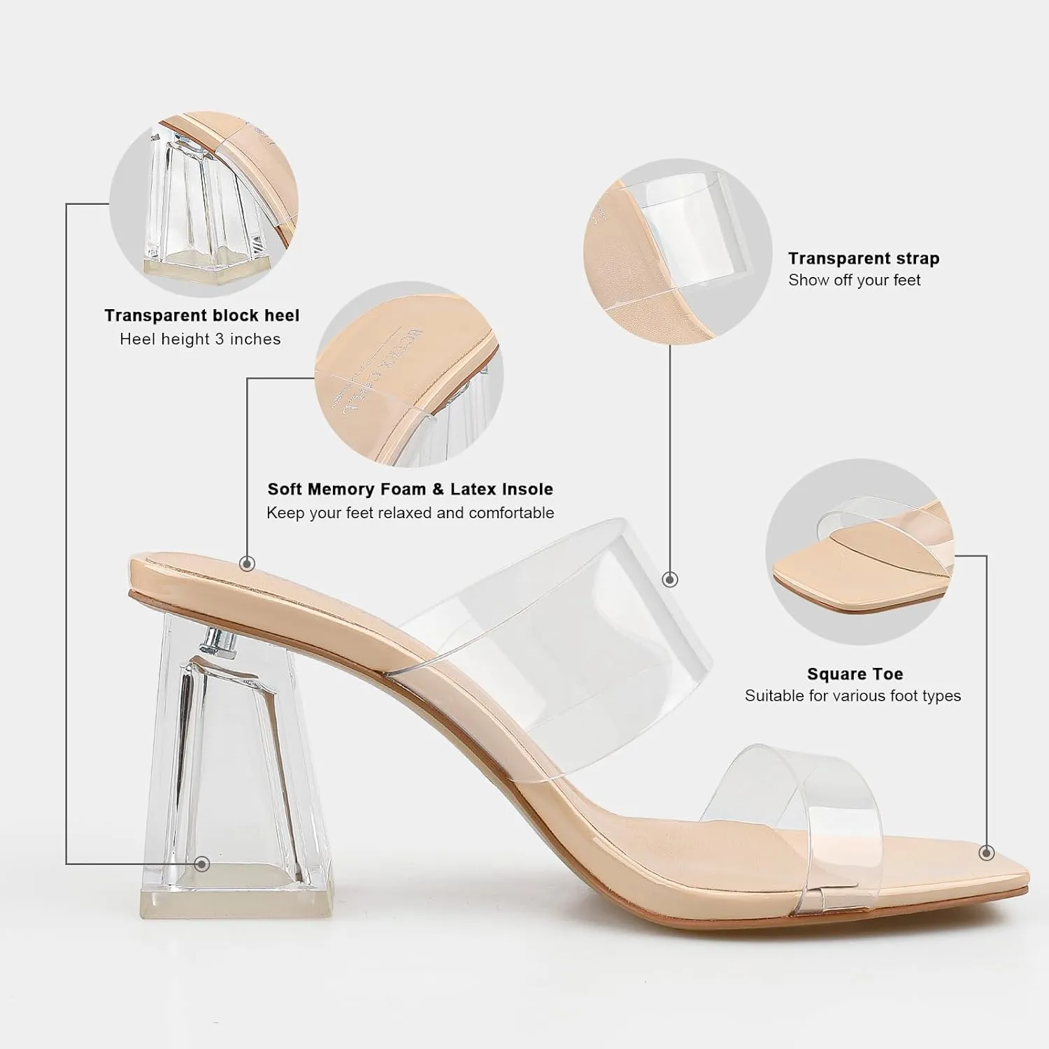 BCTEX COLL Women's Clear Heeled Sandals Transparent Two Strap Square Toe Slip On Chunky Block Heels Dress Shoes, Beige, Black, Nude, Rose Gold