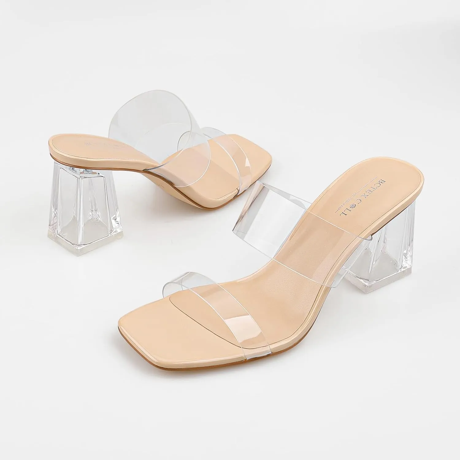 BCTEX COLL Women's Clear Heeled Sandals Transparent Two Strap Square Toe Slip On Chunky Block Heels Dress Shoes, Beige, Black, Nude, Rose Gold