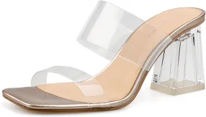BCTEX COLL Women's Clear Heeled Sandals Transparent Two Strap Square Toe Slip On Chunky Block Heels Dress Shoes, Beige, Black, Nude, Rose Gold