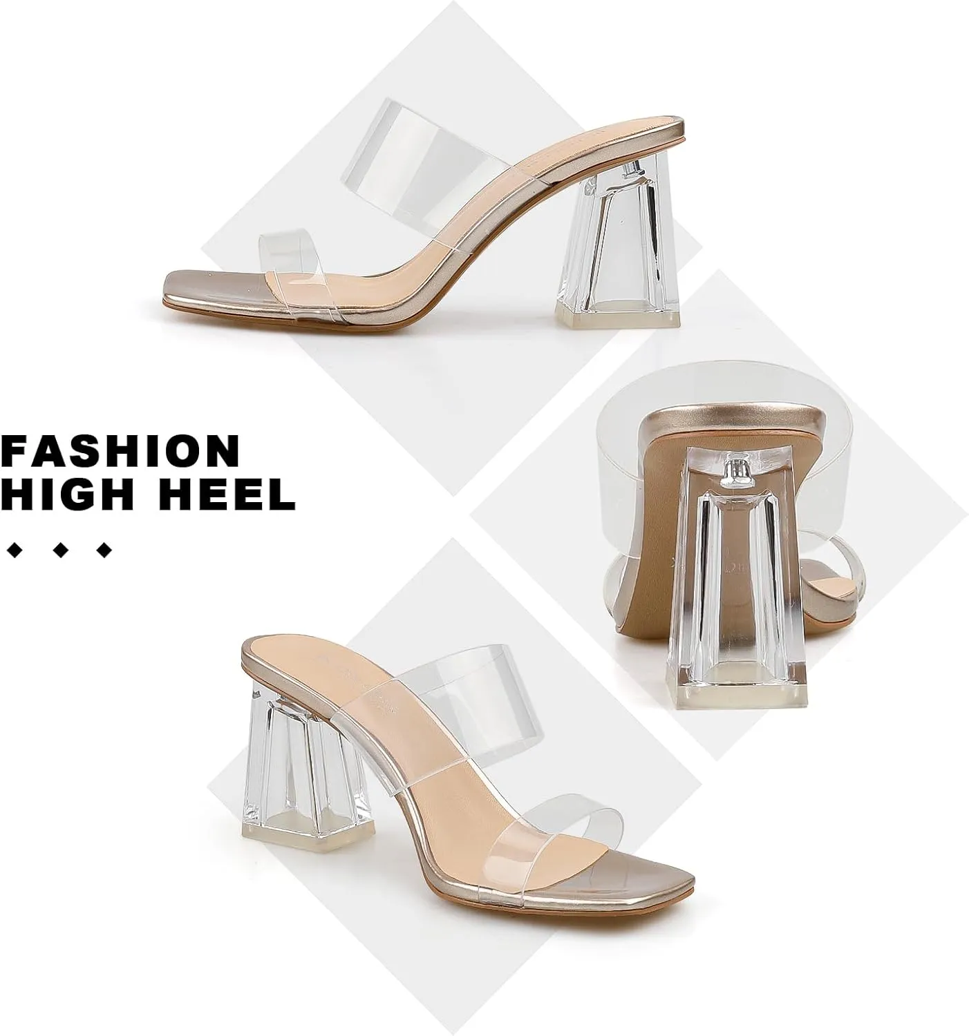 BCTEX COLL Women's Clear Heeled Sandals Transparent Two Strap Square Toe Slip On Chunky Block Heels Dress Shoes, Beige, Black, Nude, Rose Gold