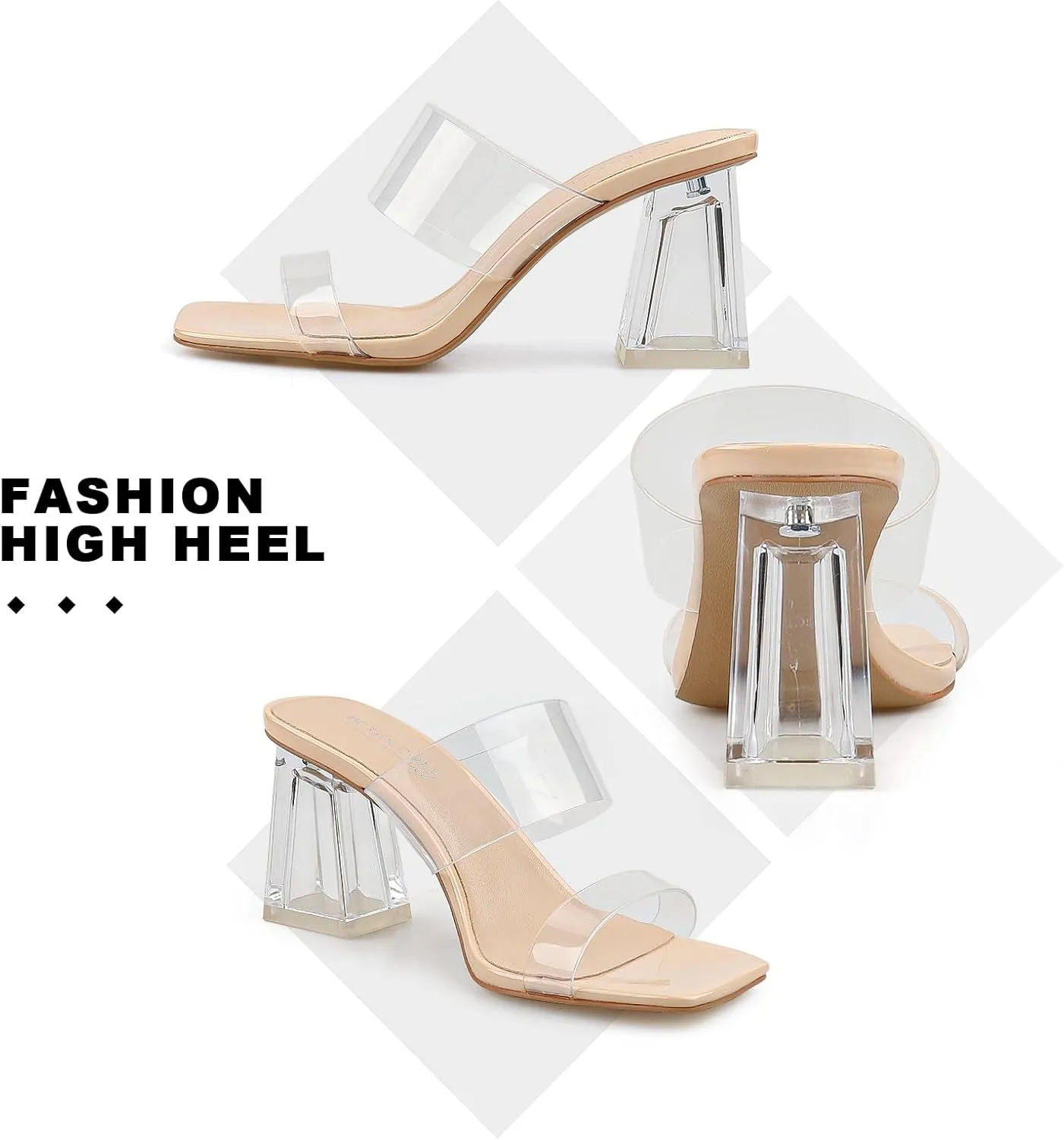 BCTEX COLL Women's Clear Heeled Sandals Transparent Two Strap Square Toe Slip On Chunky Block Heels Dress Shoes, Beige, Black, Nude, Rose Gold