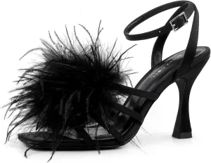 BCTEX COLL Women's Heeled Sandals Fluffy Feather Square Open Toe Ankle Strap Sexy Stiletto High Heels for Wedding Party Dance Evening