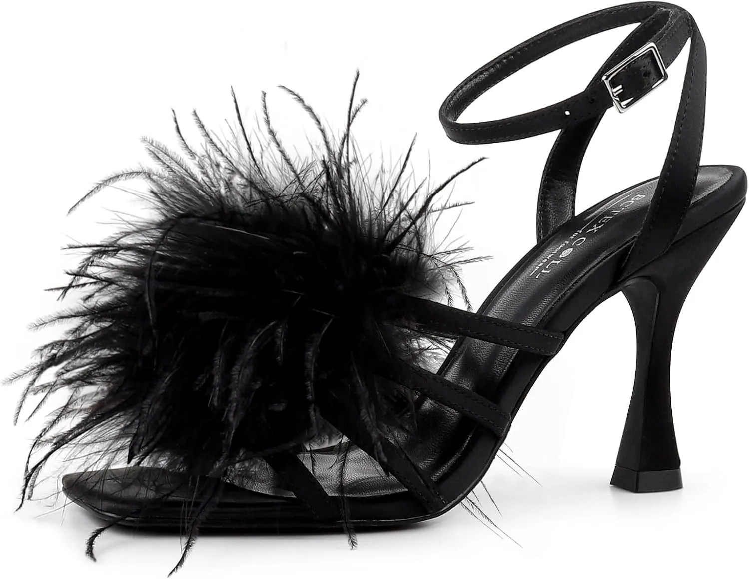 BCTEX COLL Women's Heeled Sandals Fluffy Feather Square Open Toe Ankle Strap Sexy Stiletto High Heels for Wedding Party Dance Evening