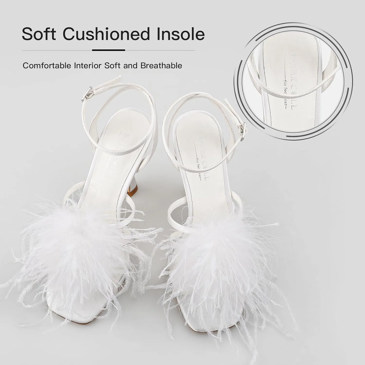 BCTEX COLL Women's Heeled Sandals Fluffy Feather Square Open Toe Ankle Strap Sexy Stiletto High Heels for Wedding Party Dance Evening