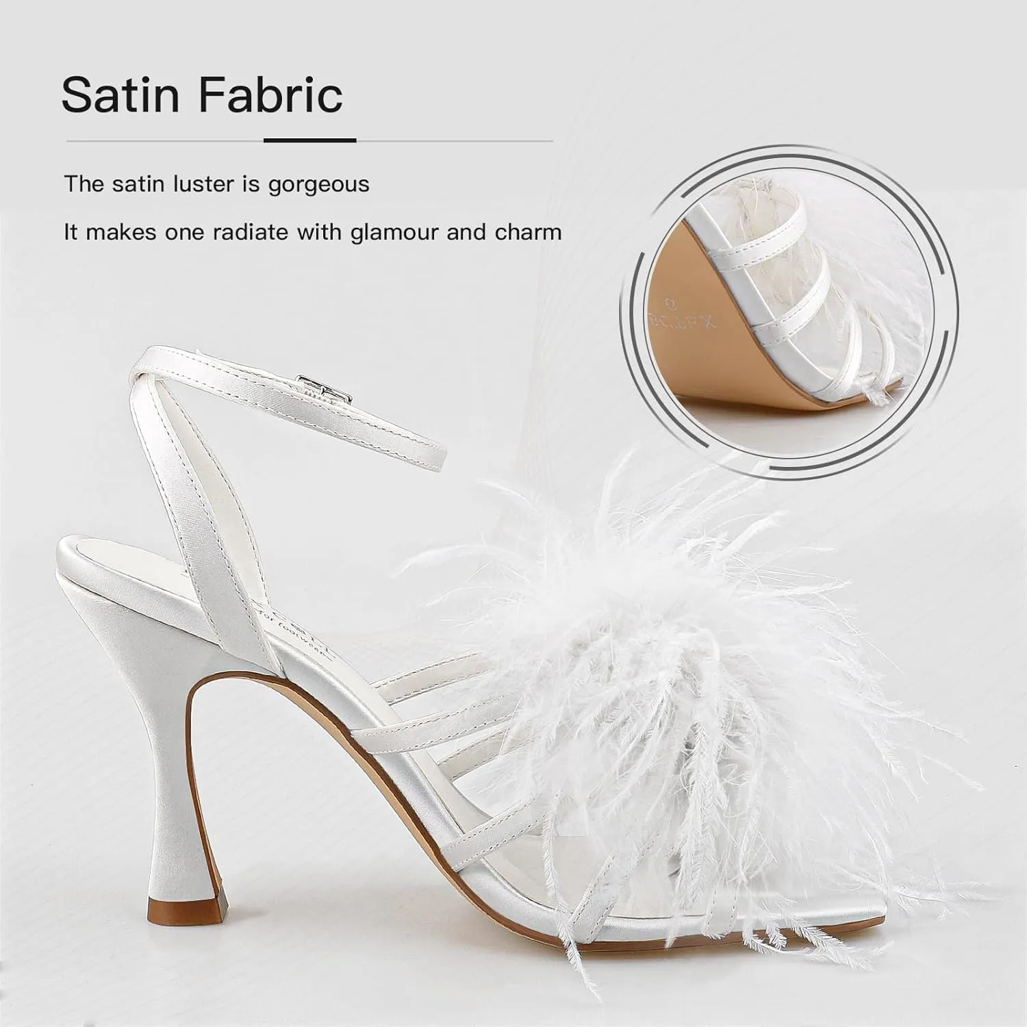 BCTEX COLL Women's Heeled Sandals Fluffy Feather Square Open Toe Ankle Strap Sexy Stiletto High Heels for Wedding Party Dance Evening