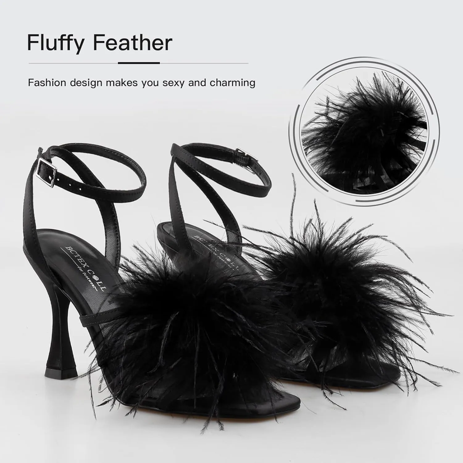 BCTEX COLL Women's Heeled Sandals Fluffy Feather Square Open Toe Ankle Strap Sexy Stiletto High Heels for Wedding Party Dance Evening