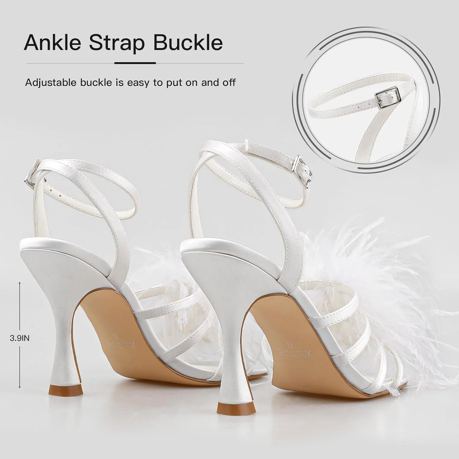 BCTEX COLL Women's Heeled Sandals Fluffy Feather Square Open Toe Ankle Strap Sexy Stiletto High Heels for Wedding Party Dance Evening