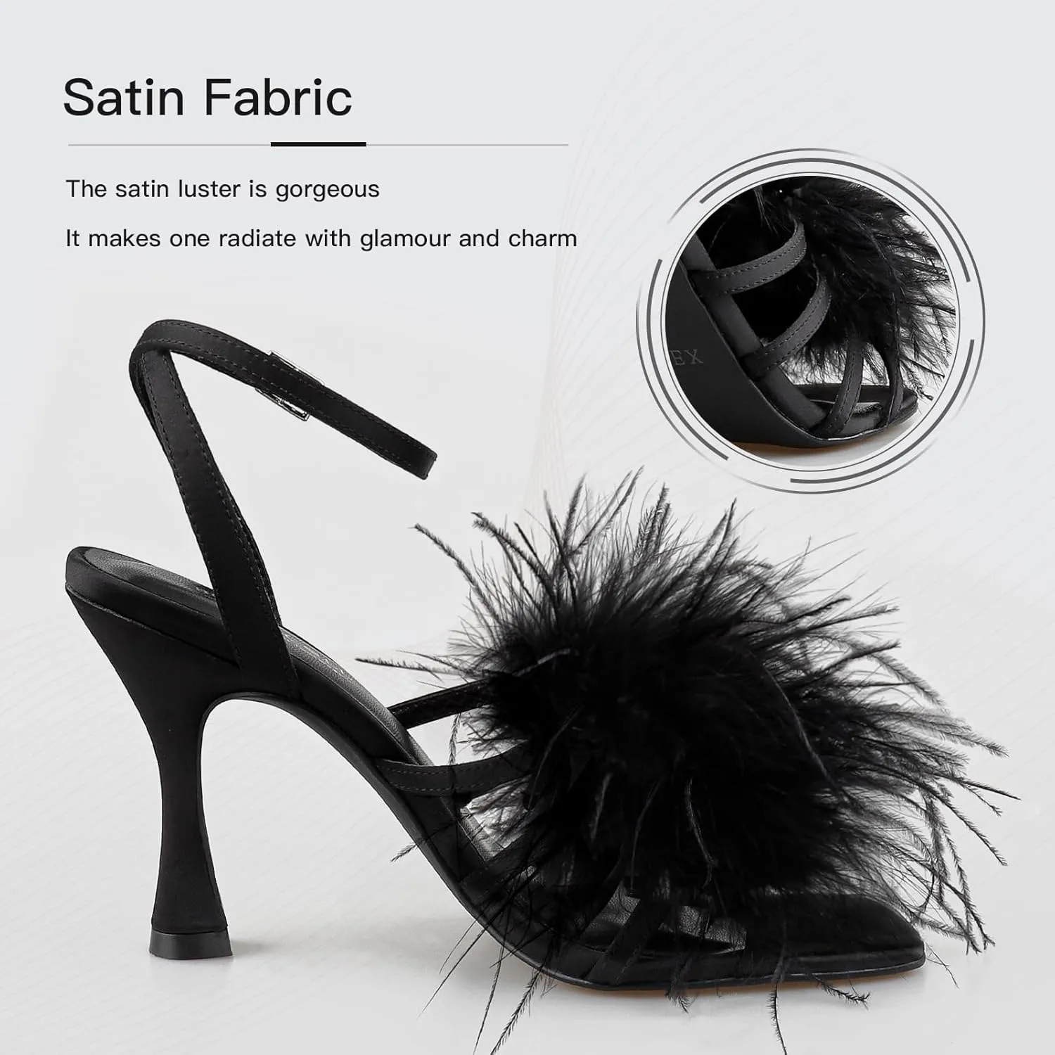 BCTEX COLL Women's Heeled Sandals Fluffy Feather Square Open Toe Ankle Strap Sexy Stiletto High Heels for Wedding Party Dance Evening