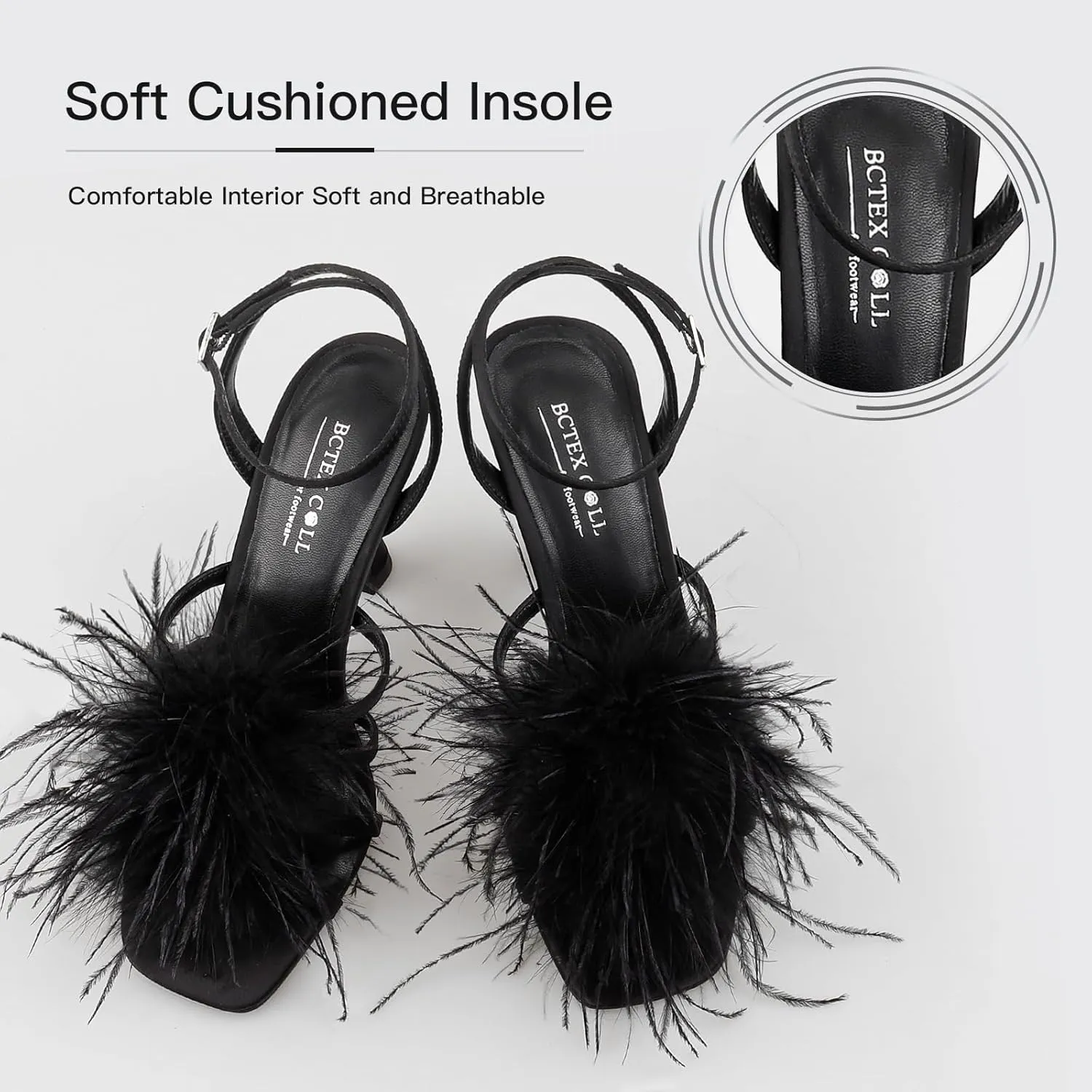 BCTEX COLL Women's Heeled Sandals Fluffy Feather Square Open Toe Ankle Strap Sexy Stiletto High Heels for Wedding Party Dance Evening