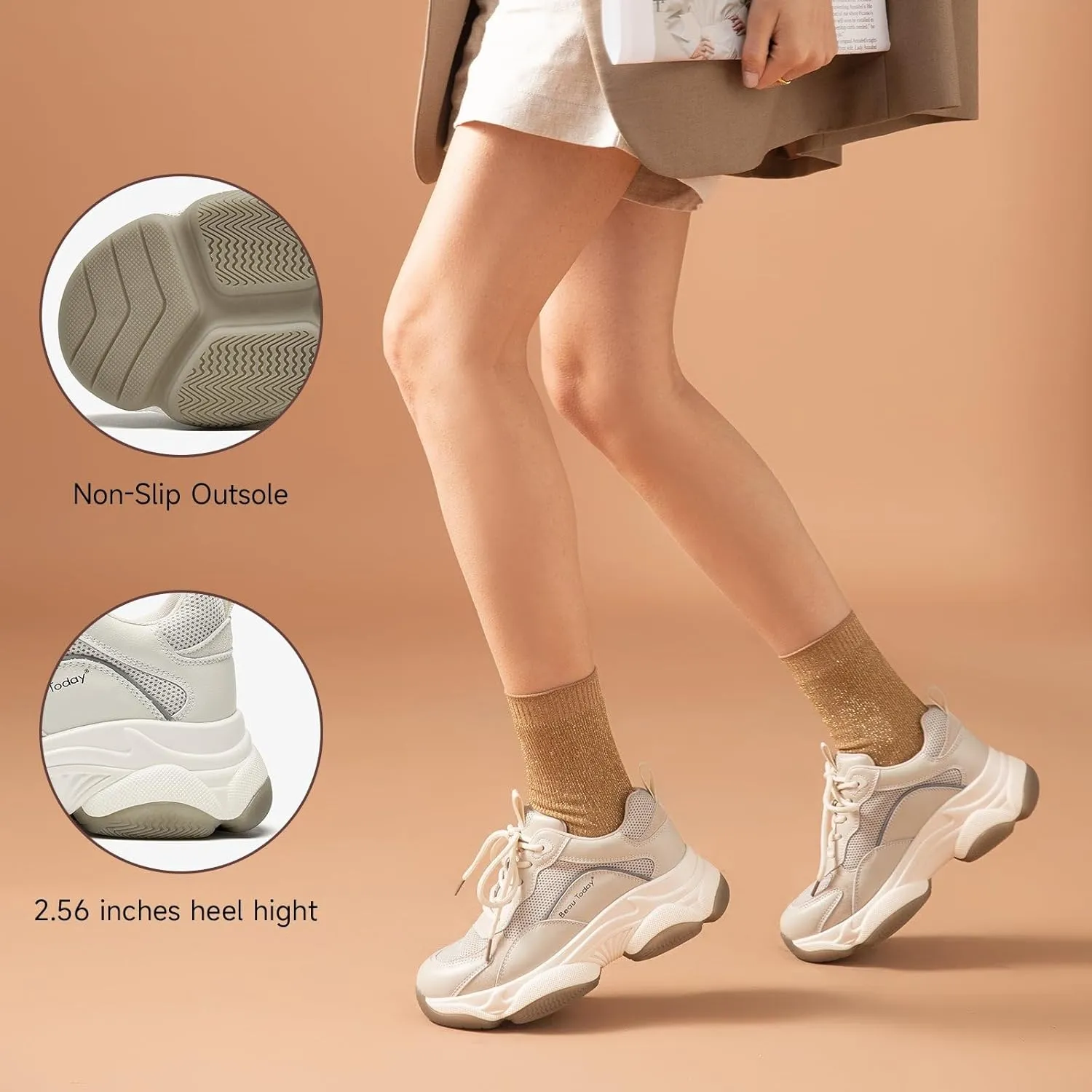 BEAU TODAY Chunky Sneakers for Women, Womens Fashion Sneakers, Lace Up Platform Comfortable Leather Casual Dad Shoes