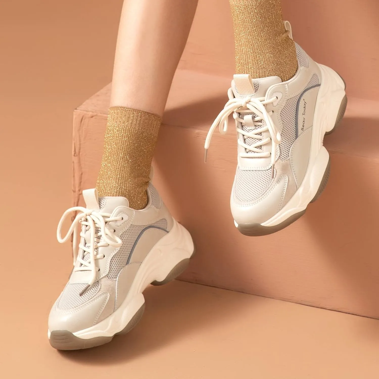 BEAU TODAY Chunky Sneakers for Women, Womens Fashion Sneakers, Lace Up Platform Comfortable Leather Casual Dad Shoes