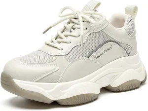 BEAU TODAY Chunky Sneakers for Women, Womens Fashion Sneakers, Lace Up Platform Comfortable Leather Casual Dad Shoes