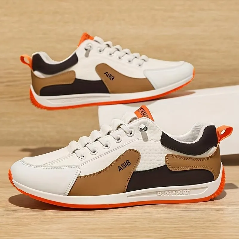 Big Size Men's All-Season Fashionable Sneakers - Breathable, Comfortable Sole Casual Footwear in White, Blue, and Beige Striped/Plaid Pattern, Everyday Use and Exercise