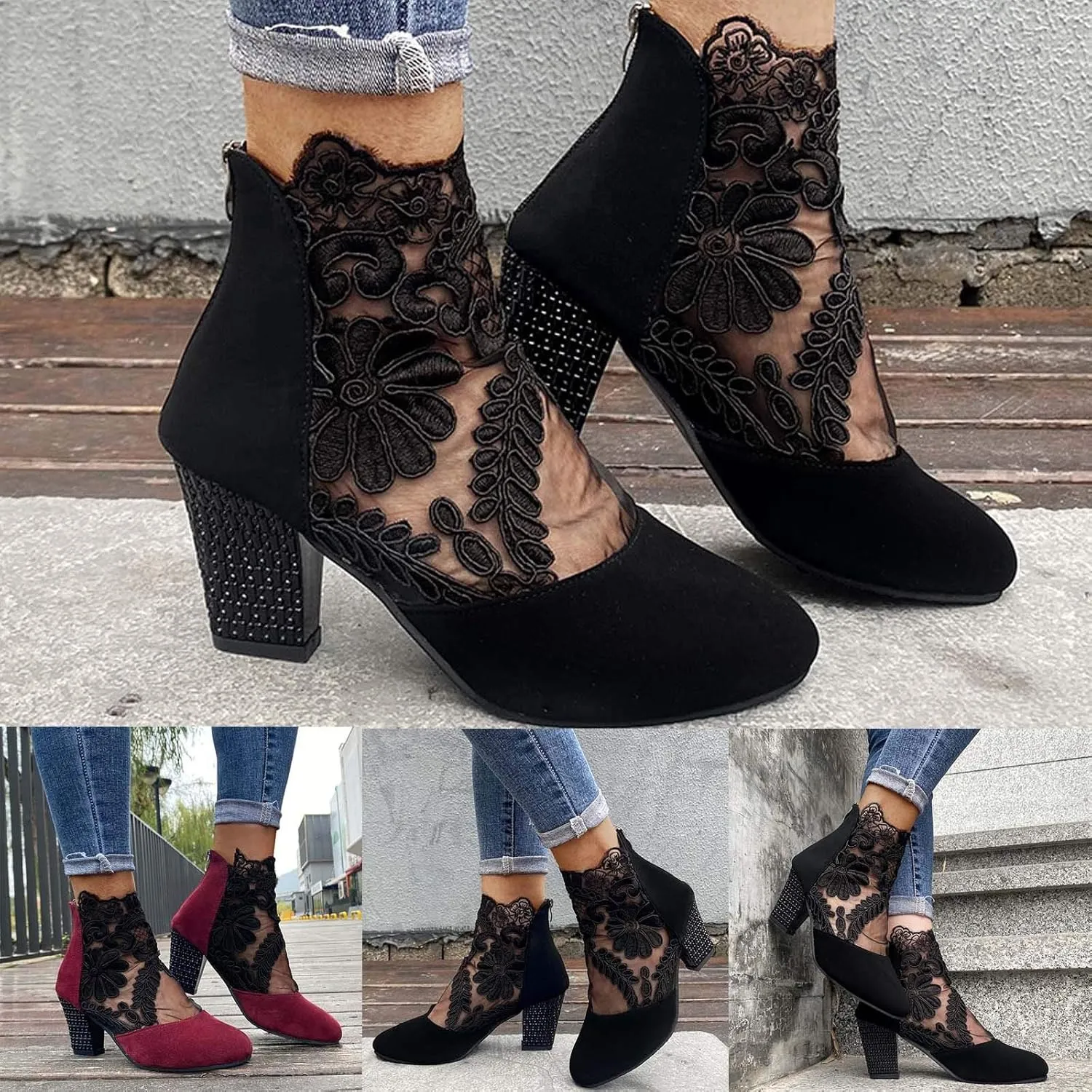 Black Sandals Women Wedge, Sandals Women Sexy Hollow Floral Lace Chunky High Heels Platform Boots Casual Boots
