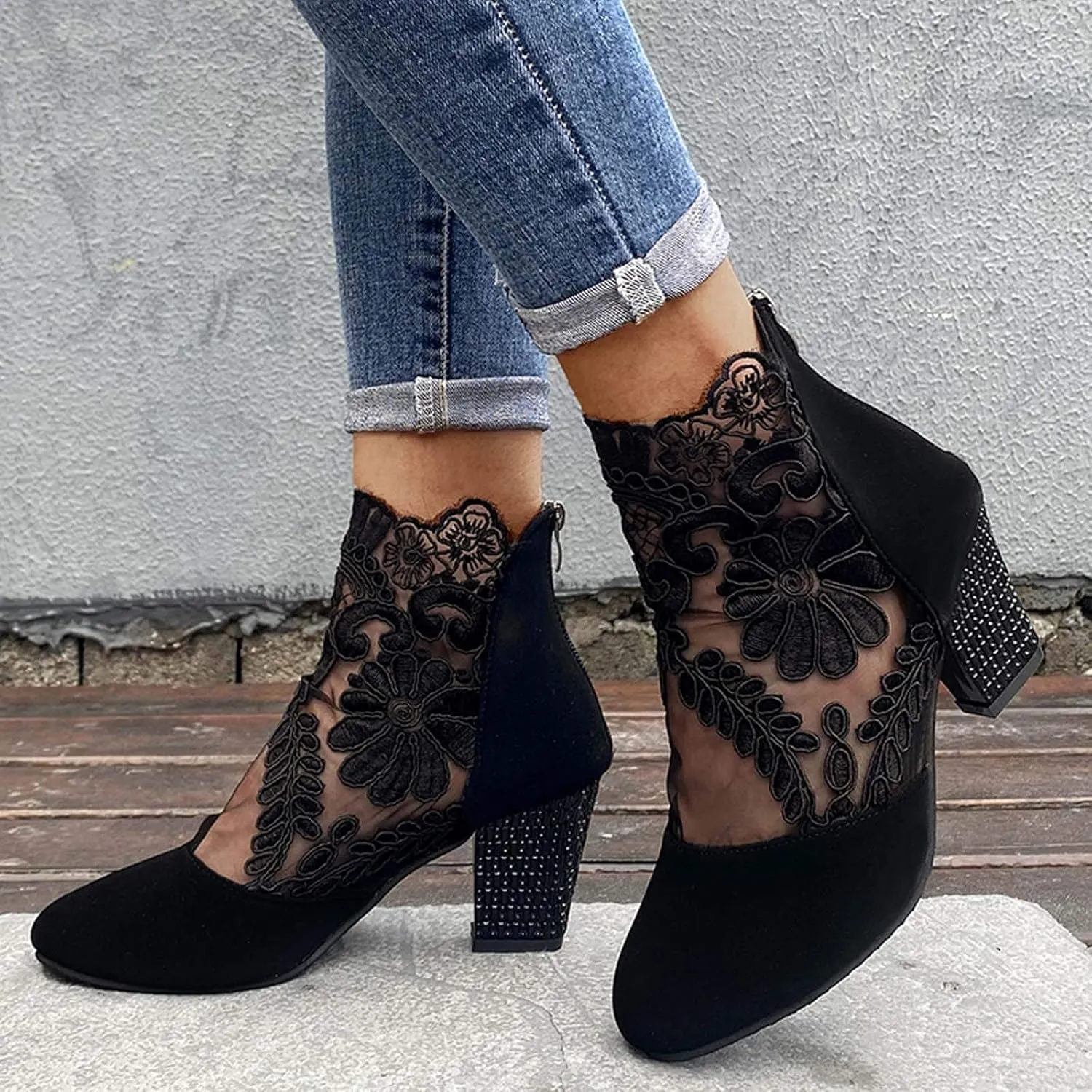 Black Sandals Women Wedge, Sandals Women Sexy Hollow Floral Lace Chunky High Heels Platform Boots Casual Boots