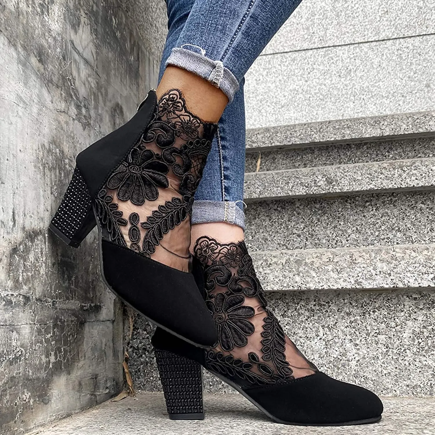 Black Sandals Women Wedge, Sandals Women Sexy Hollow Floral Lace Chunky High Heels Platform Boots Casual Boots