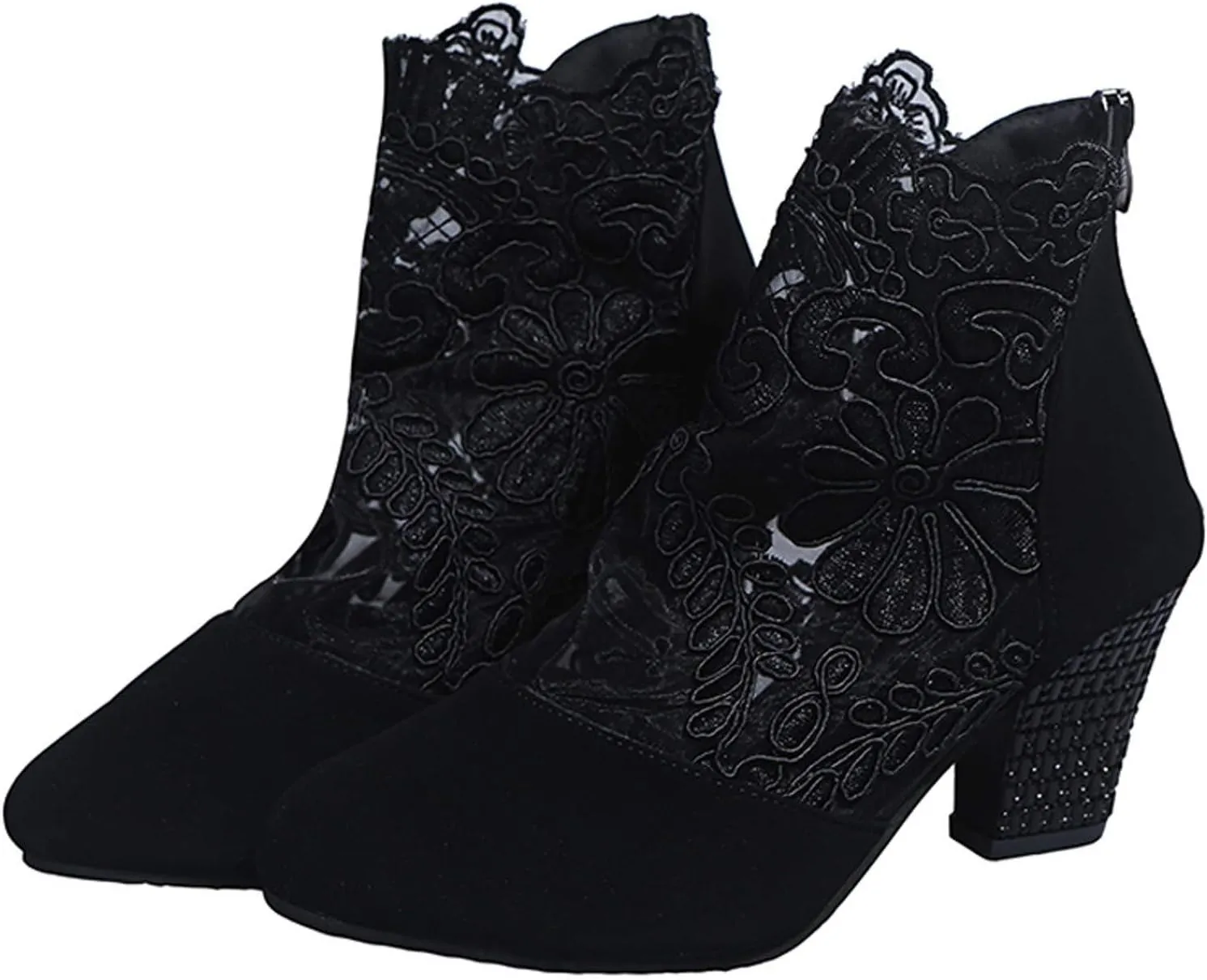 Black Sandals Women Wedge, Sandals Women Sexy Hollow Floral Lace Chunky High Heels Platform Boots Casual Boots
