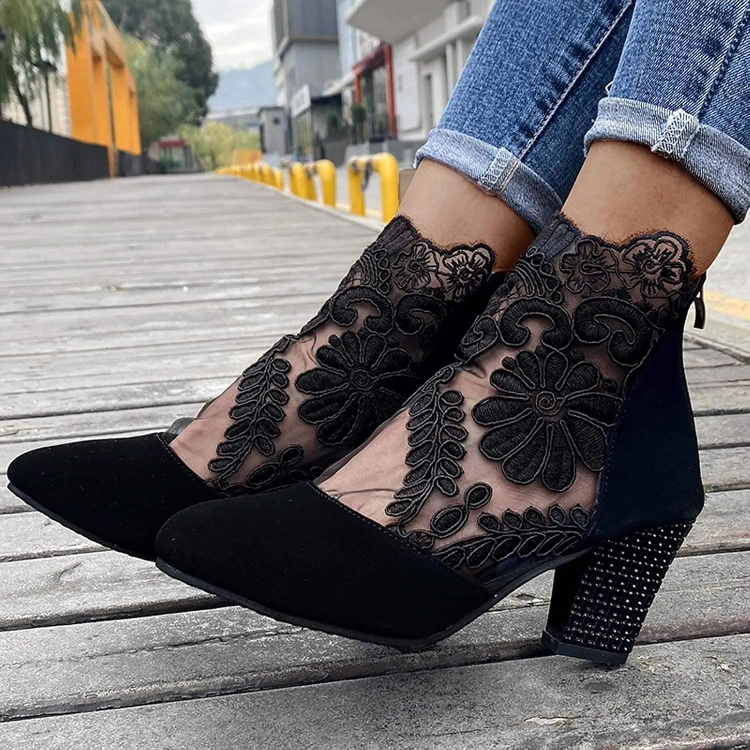 Black Sandals Women Wedge, Sandals Women Sexy Hollow Floral Lace Chunky High Heels Platform Boots Casual Boots