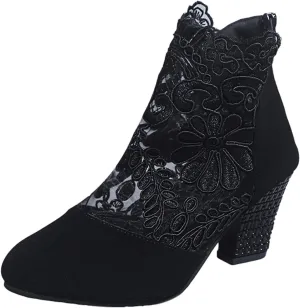 Black Sandals Women Wedge, Sandals Women Sexy Hollow Floral Lace Chunky High Heels Platform Boots Casual Boots