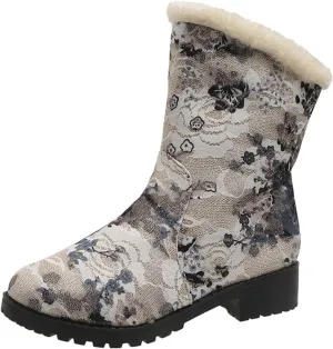 Boots for Women Retro Style Solid Color Printed Mid Heel Mid Calf Boots Winter Plush Warm Non-Slip Boots