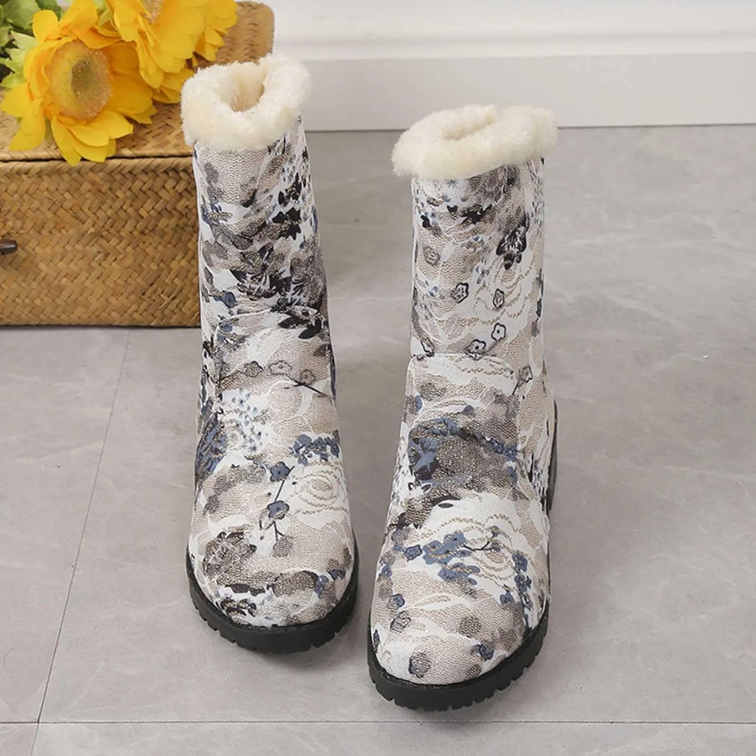 Boots for Women Retro Style Solid Color Printed Mid Heel Mid Calf Boots Winter Plush Warm Non-Slip Boots