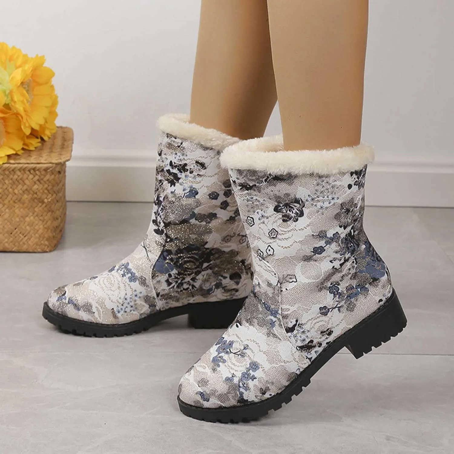 Boots for Women Retro Style Solid Color Printed Mid Heel Mid Calf Boots Winter Plush Warm Non-Slip Boots