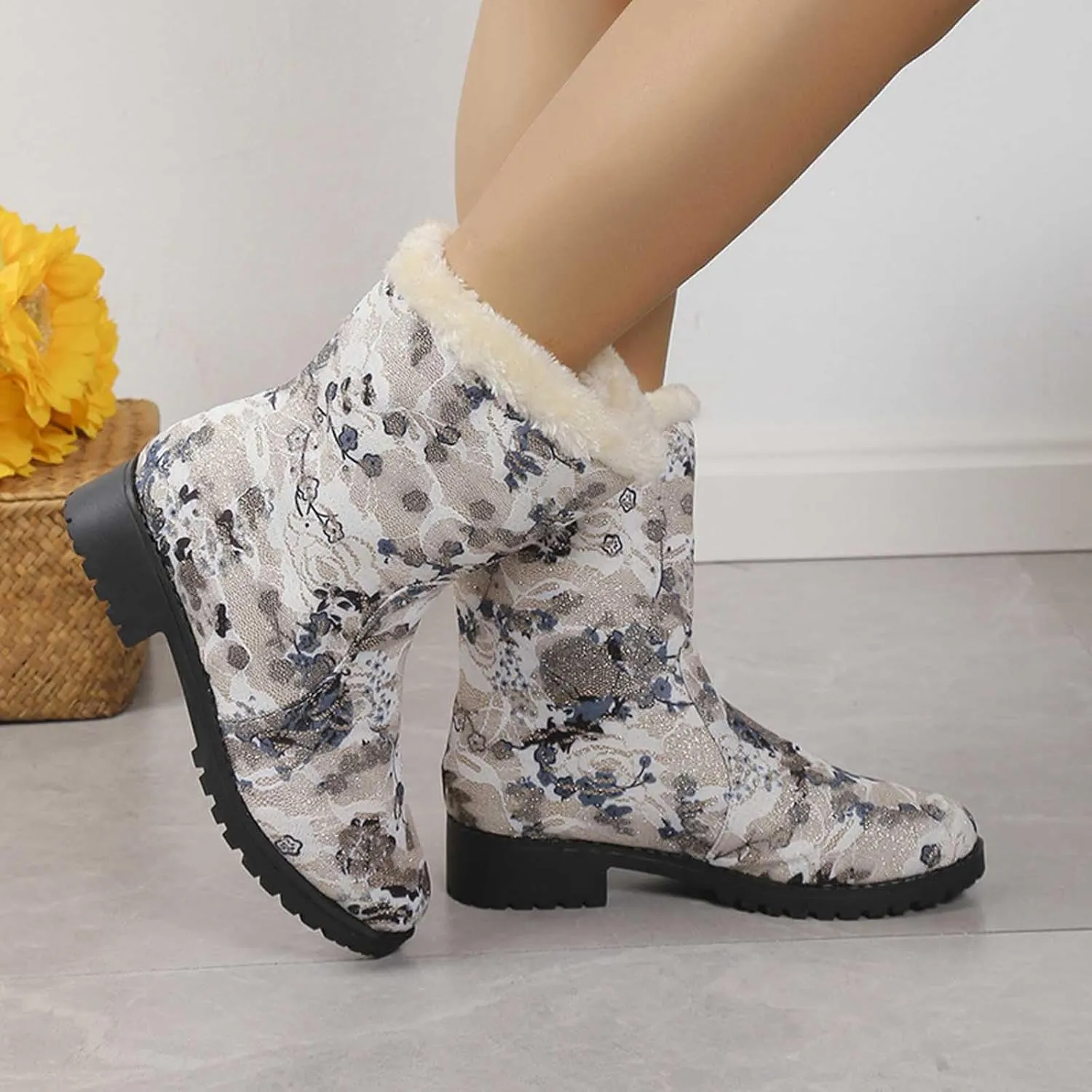 Boots for Women Retro Style Solid Color Printed Mid Heel Mid Calf Boots Winter Plush Warm Non-Slip Boots