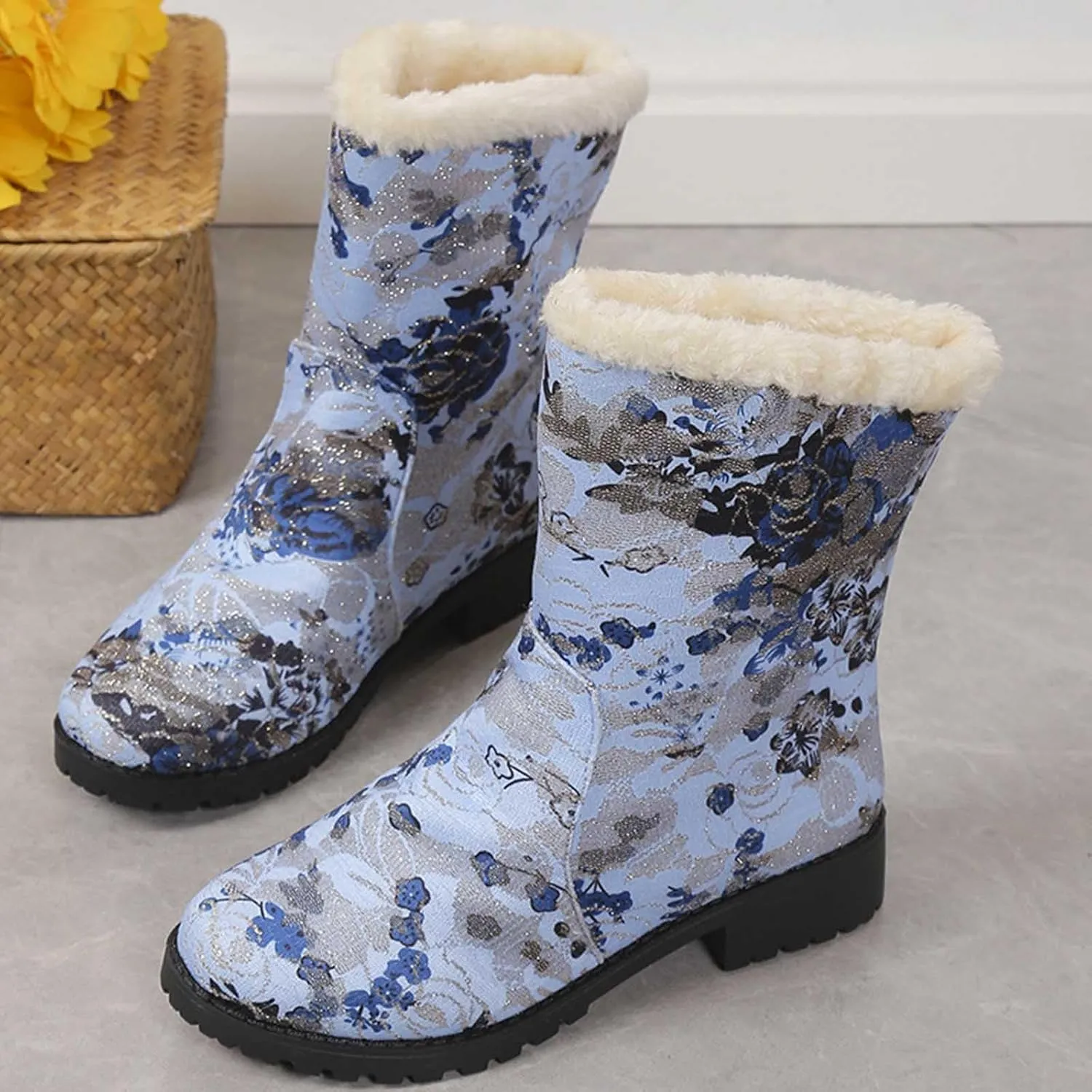 Boots for Women Retro Style Solid Color Printed Mid Heel Mid Calf Boots Winter Plush Warm Non-Slip Boots