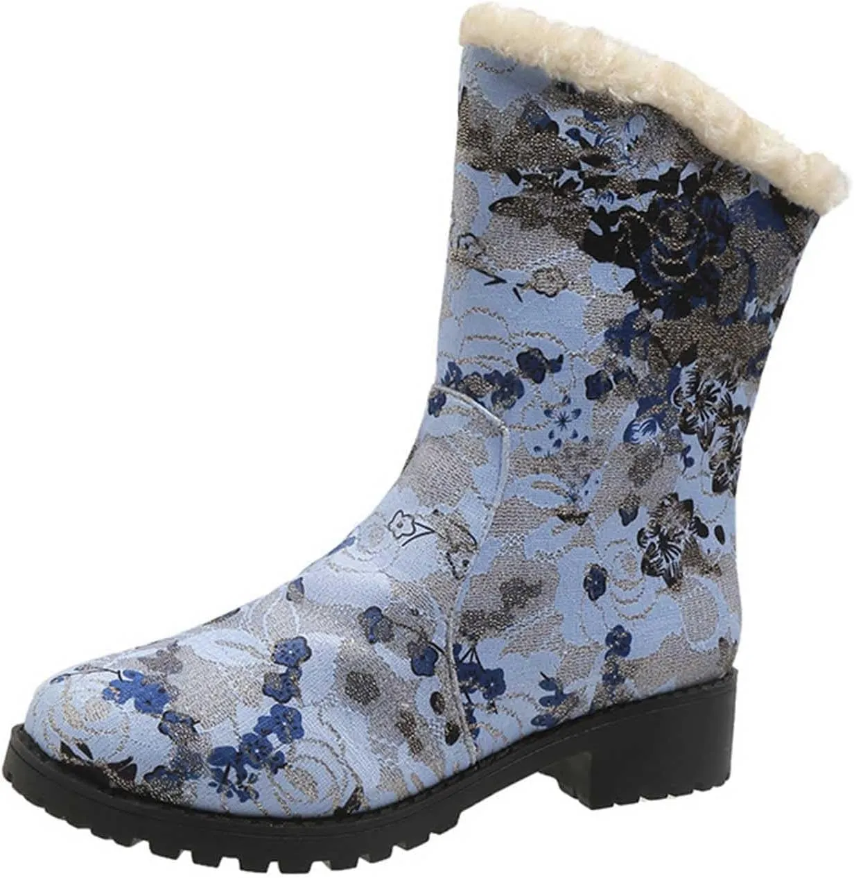 Boots for Women Retro Style Solid Color Printed Mid Heel Mid Calf Boots Winter Plush Warm Non-Slip Boots