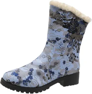 Boots for Women Retro Style Solid Color Printed Mid Heel Mid Calf Boots Winter Plush Warm Non-Slip Boots